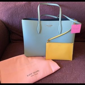Kate Spade All Day Tote in Aegean Blue with detachable wristlet, storage bag.